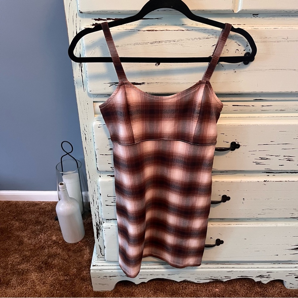 Hollister Y2K Brown and Cream Plaid Mini Dress, size medium.